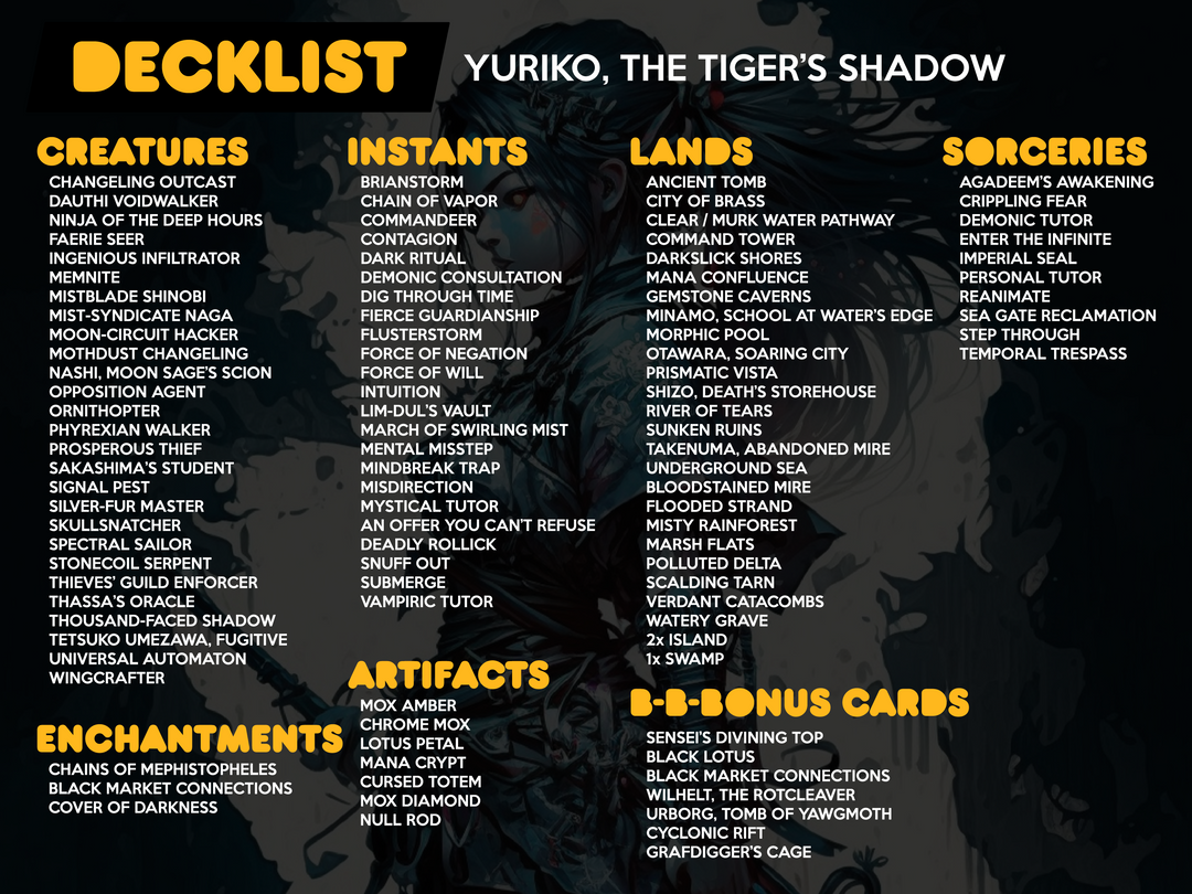 Yuriko, the Tiger's Shadow - Complete Commander Proxy Deck (cEDH) with 108 Cards and Bonus Cards - Ready to Play MTG Ninja Anime Deck